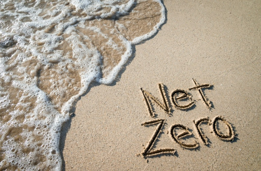An image of sand with the words Net Zero and a small wave.  