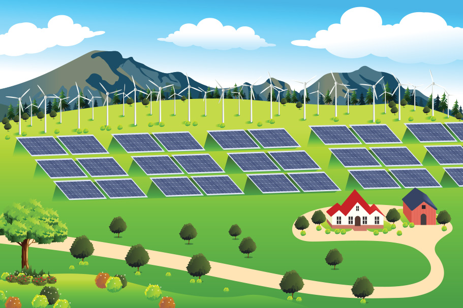 illustration of a village with multiple solar panels.