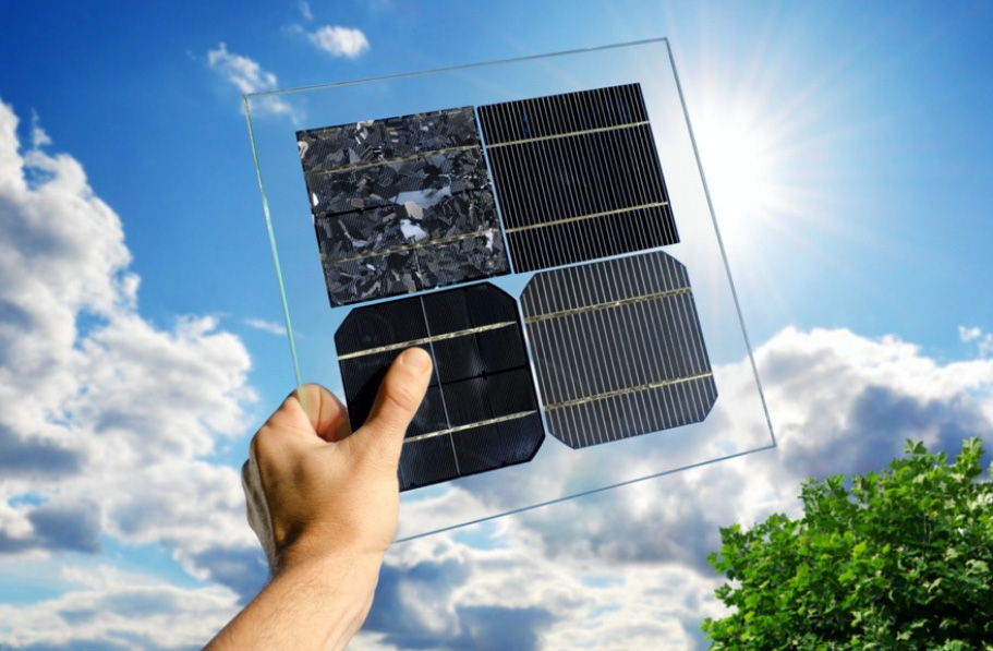 In the background we have a sky with clouds. Blocking out the sun, a hand holds a solar panel piece.