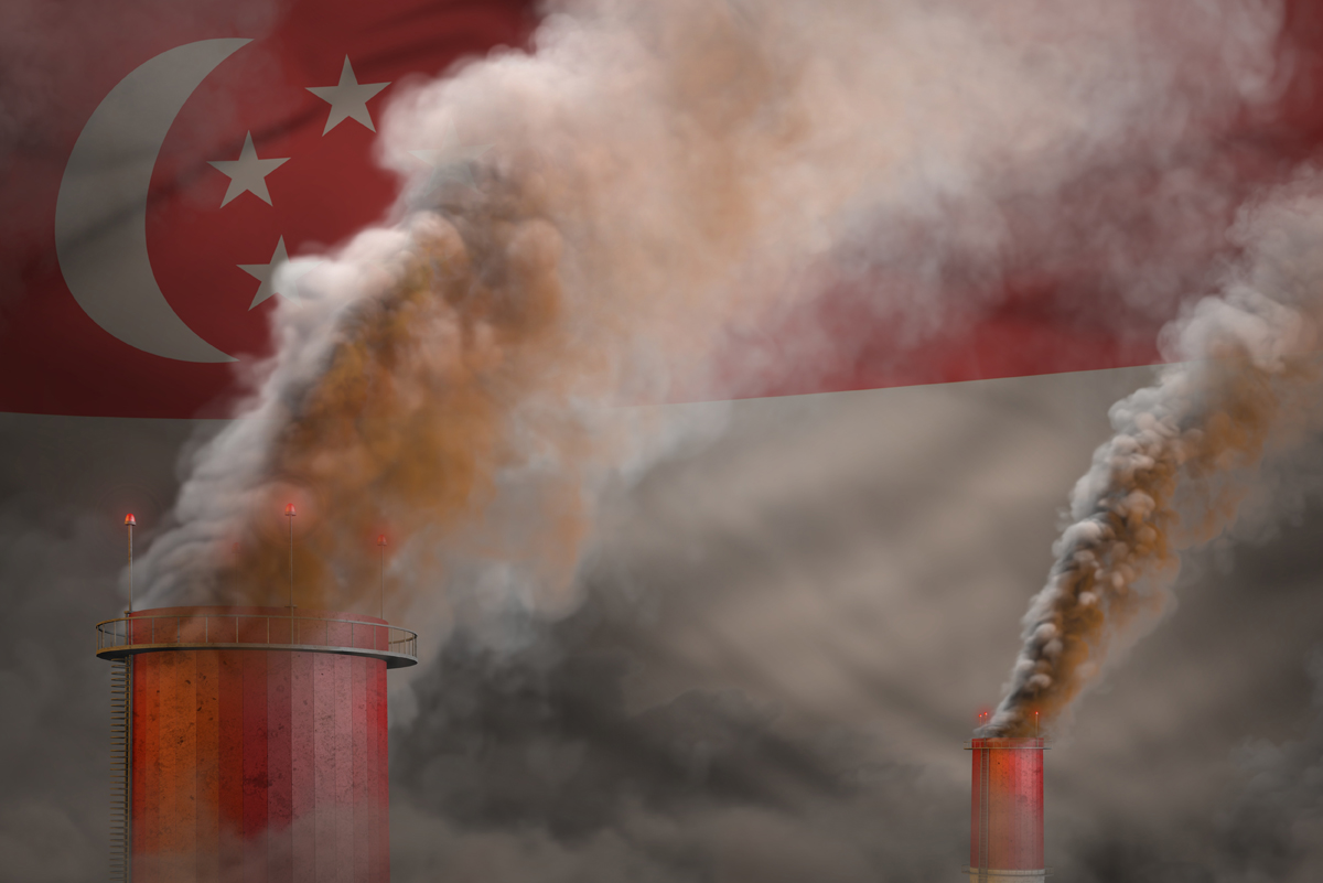 Photograph of the chimneys of a factory where we can see smoke coming out. In the background we see the flag of Singapore.