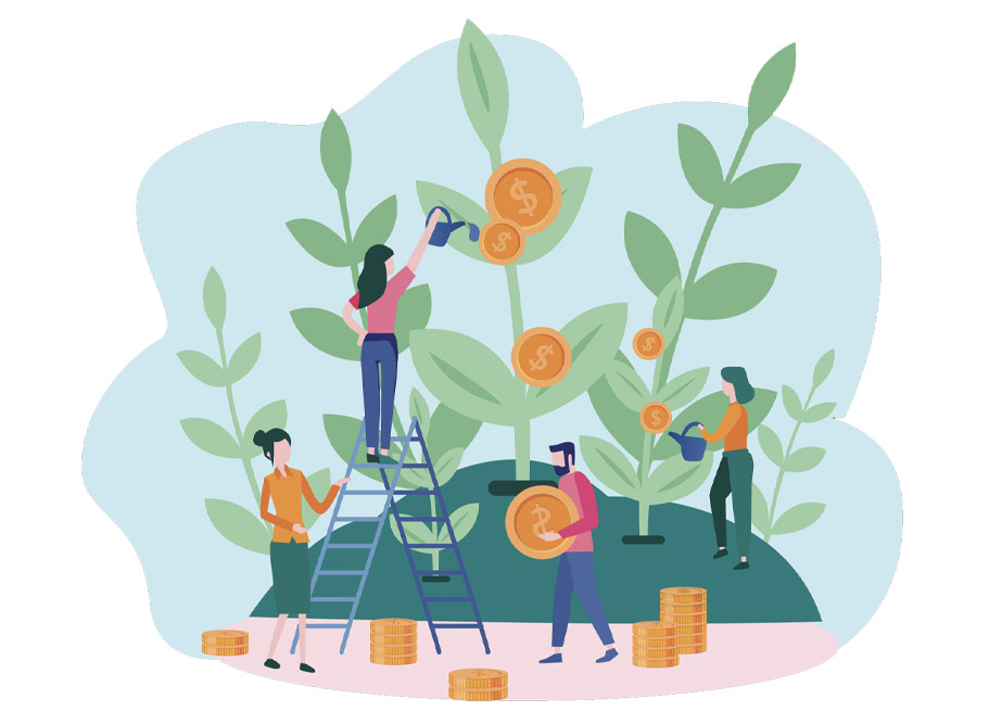 Illustration depicting money growing on trees. There are people watering the plants and in them we see coins. There are small piles of coins and also a man with a coin in his hand.