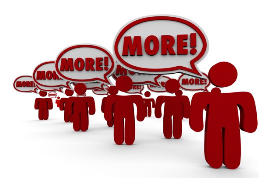 Several rows of red stick-figure-like people with speech bubbles above each of their heads reading the word More!, over a white background.