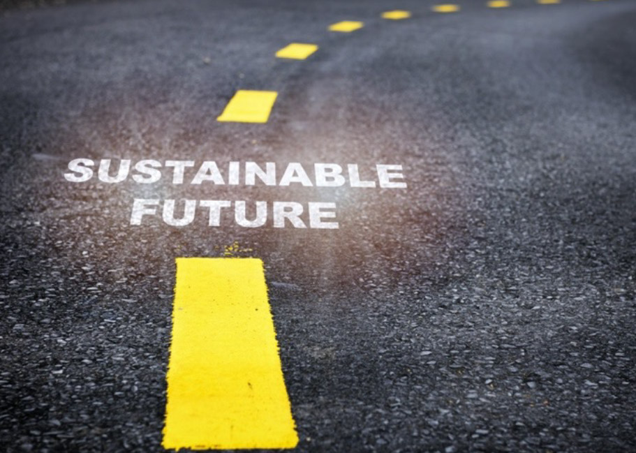 A photograph of a road with the lane dividing line painted yellow and the words sustainable future painted in white.