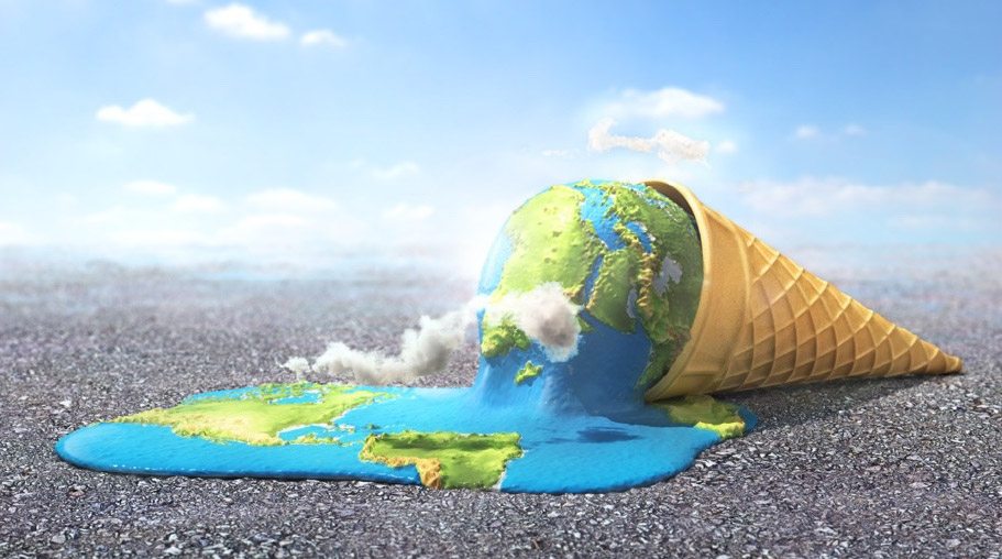 Image of an ice cream lying down. The ice cream ball is an allusion to planet earth and is melting.